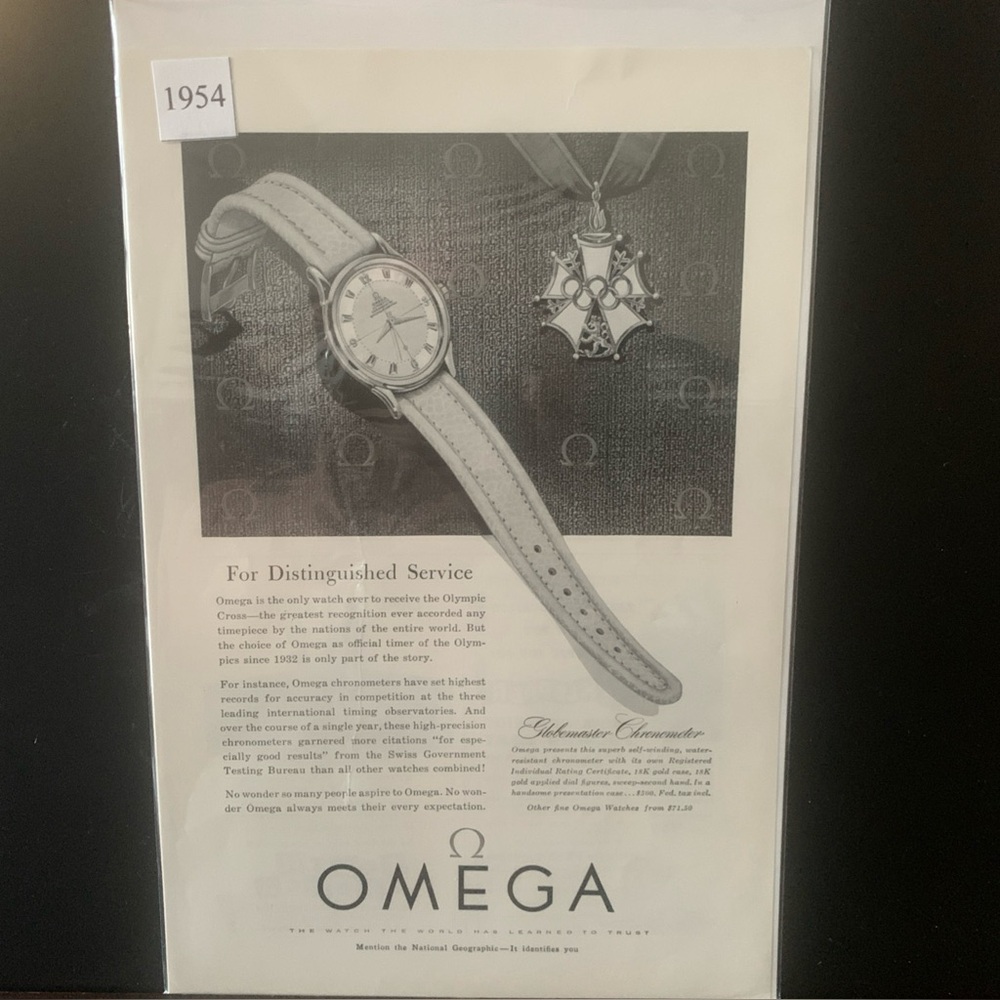 Vintage 1954 Omega Watch For Distinguished Service Ad Advertisement